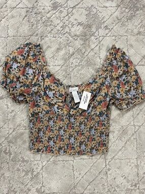 Smocked Floral Puff-Sleeve Crop Top in Mustard